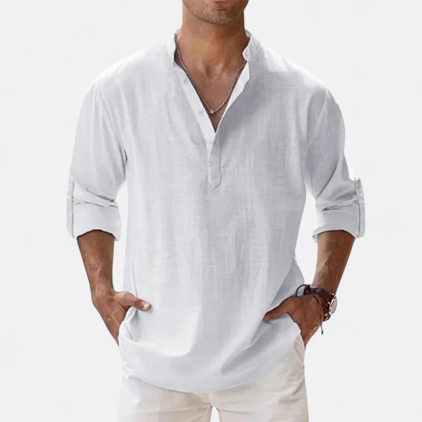 Mistrève | Chemise Été Homme Coton‑Lin à Col Henley – Fraîcheur Naturelle, Style Raffiné