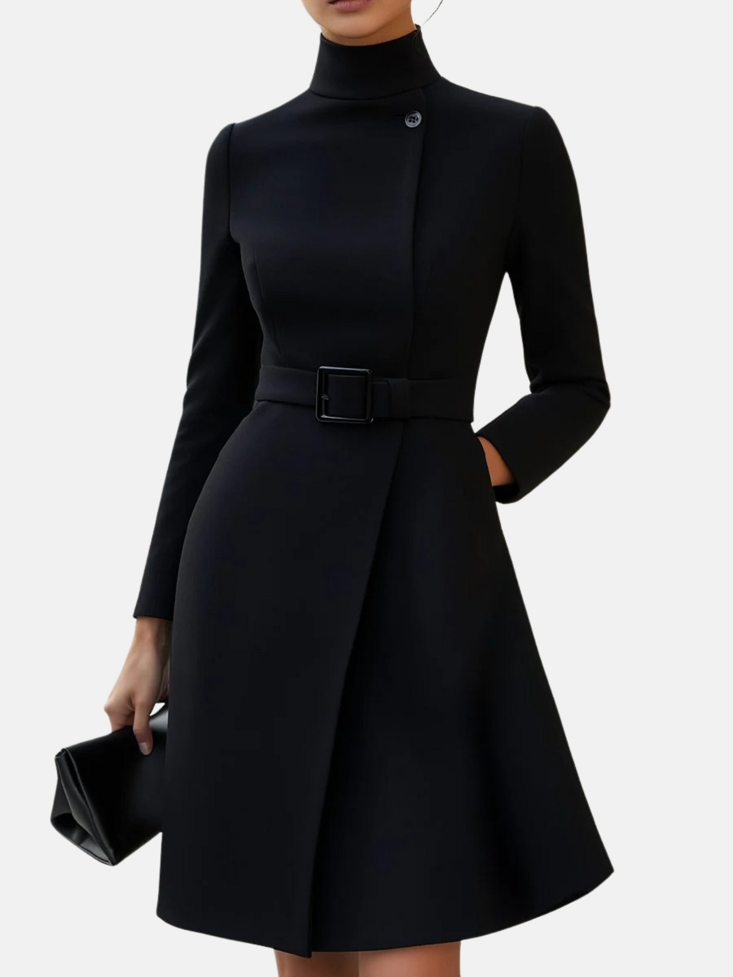 Mistrève | Robe Femme Noire Élégante à Col Montant et Ceinture – Coupe A-ligne
