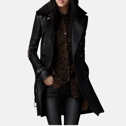 Mistrève | Manteau Femme Noir en Ceinturé – Style Trench Double Boutonnage