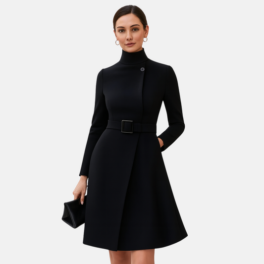 Mistrève | Robe Femme Noire Élégante à Col Montant et Ceinture – Coupe A-ligne