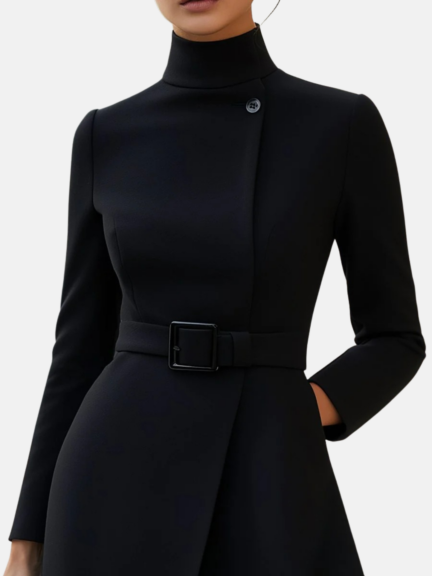 Mistrève | Robe Femme Noire Élégante à Col Montant et Ceinture – Coupe A-ligne