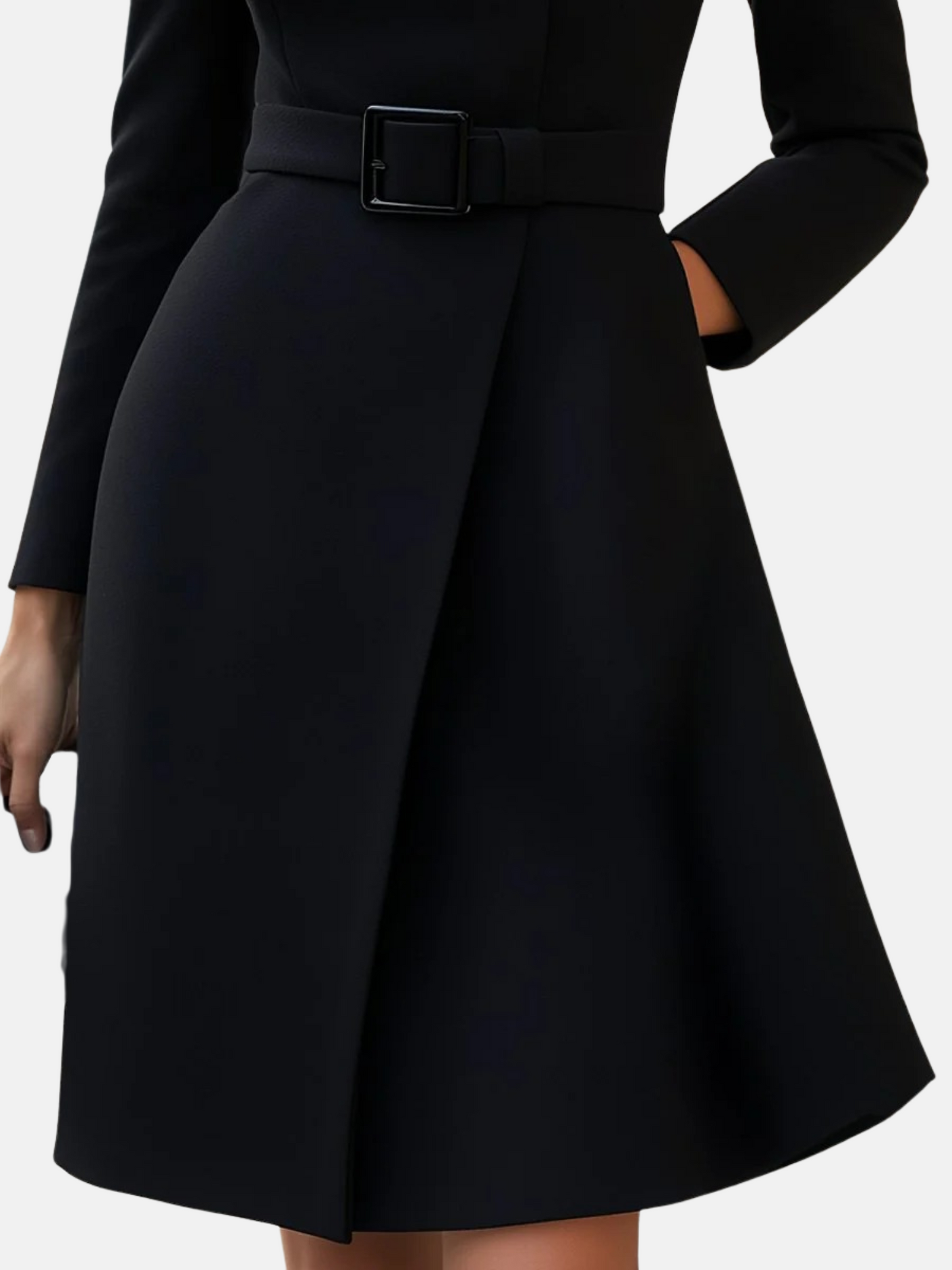 Mistrève | Robe Femme Noire Élégante à Col Montant et Ceinture – Coupe A-ligne