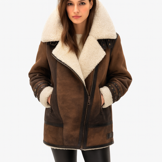 Mistrève | Veste Aviateur en cuir Femme – Élégance Brune et Douceur Hivernale