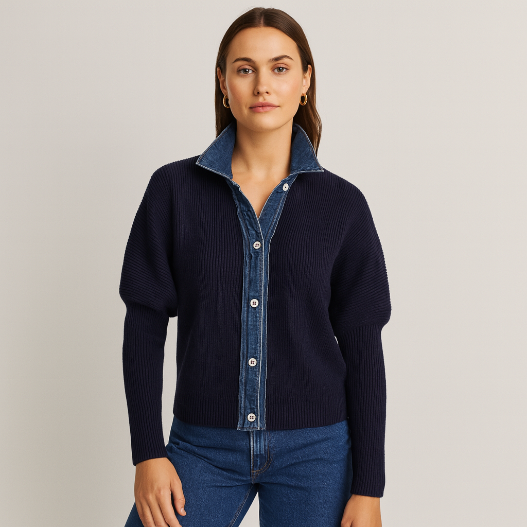 Mistrève | Cardigan Marine en Maille avec Finition en Denim