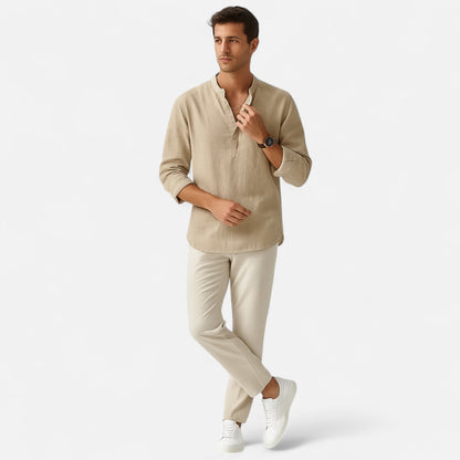 Mistrève | Chemise Été Homme Coton‑Lin à Col Henley – Fraîcheur Naturelle, Style Raffiné