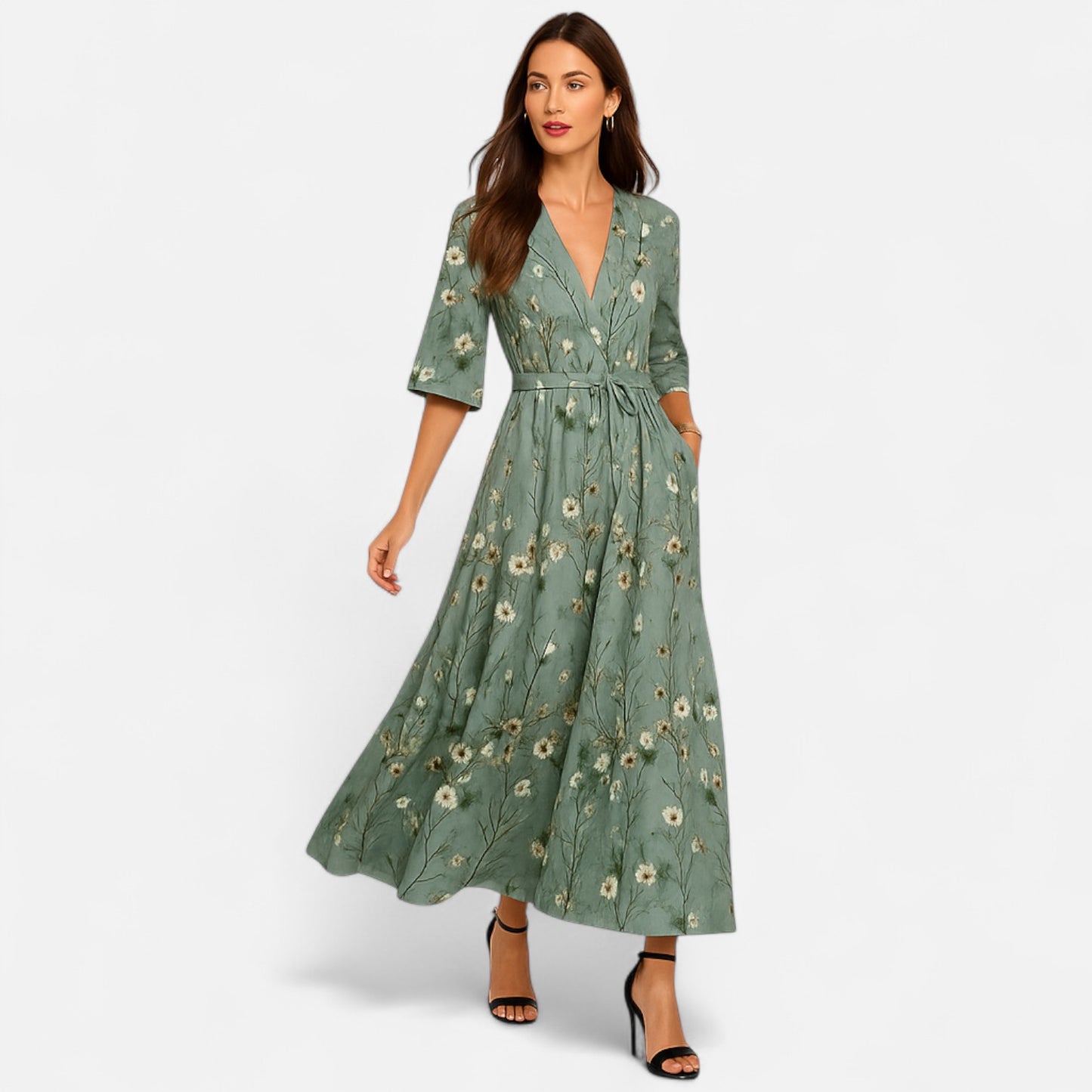 Mistrève | Robe Maxi Bohème Femme – Col V Ceinturé, Manches Courtes & Poches