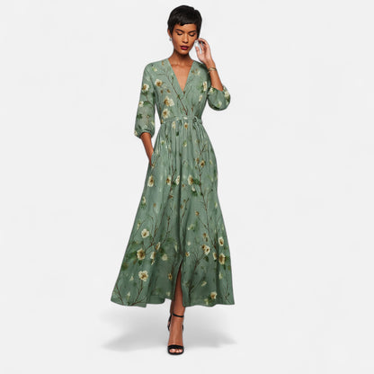 Mistrève | Robe Maxi Bohème Femme – Col V Ceinturé, Manches Courtes & Poches
