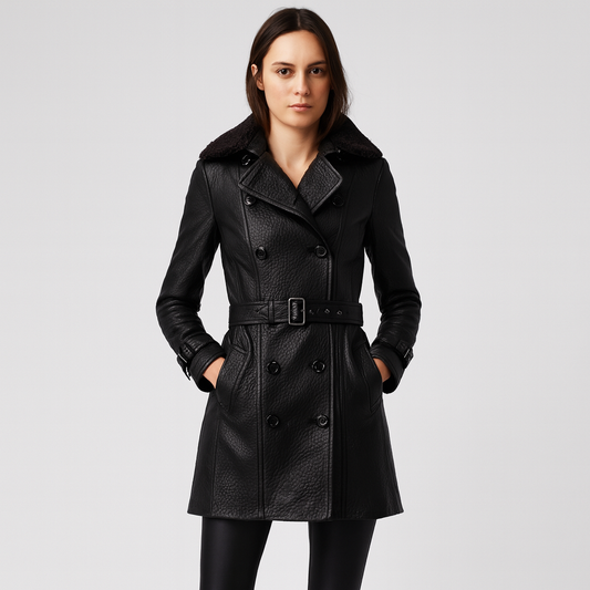 Mistrève | Manteau Femme Noir en Ceinturé – Style Trench Double Boutonnage