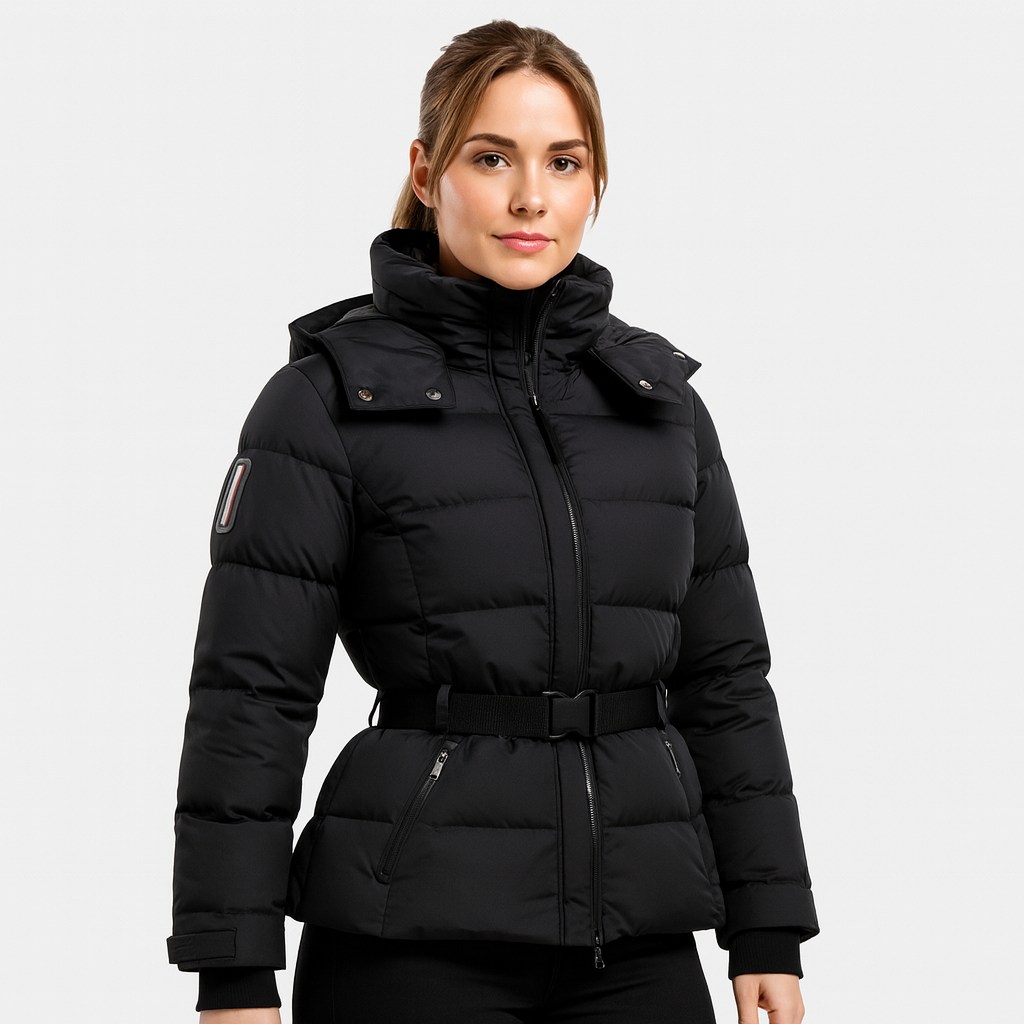 Mistrève | Manteau de ski ceinturé noir femme – Élégance et chaleur pour l’hiver