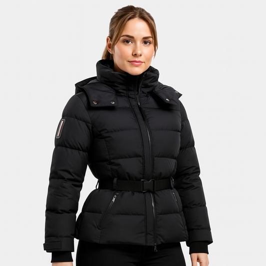 Mistrève | Manteau de ski ceinturé noir femme – Élégance et chaleur pour l’hiver