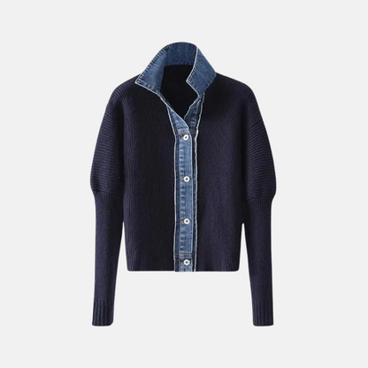 Mistrève | Cardigan Marine en Maille avec Finition en Denim