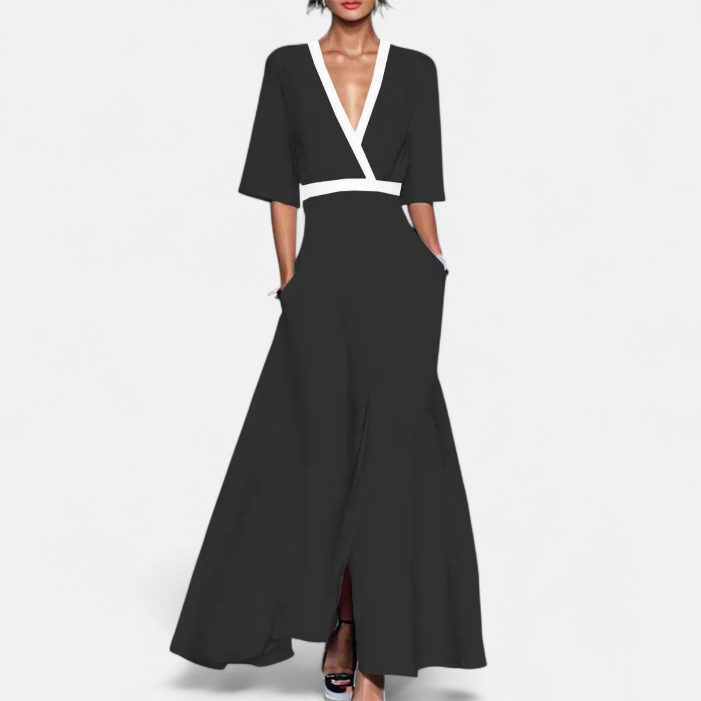 Mistrève | Robe Maxi Bohème Femme – Col V Ceinturé, Manches Courtes & Poches