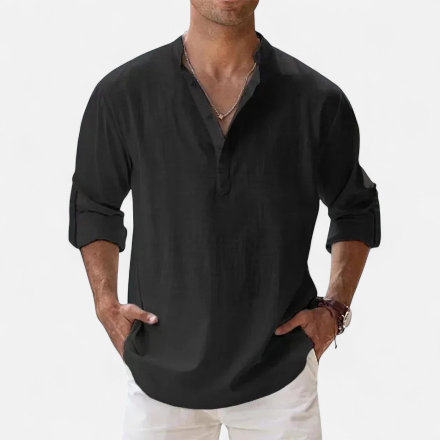 Mistrève | Chemise Été Homme Coton‑Lin à Col Henley – Fraîcheur Naturelle, Style Raffiné