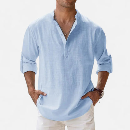 Mistrève | Chemise Été Homme Coton‑Lin à Col Henley – Fraîcheur Naturelle, Style Raffiné