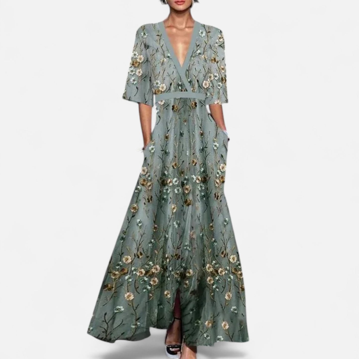 Mistrève | Robe Maxi Bohème Femme – Col V Ceinturé, Manches Courtes & Poches