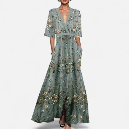 Mistrève | Robe Maxi Bohème Femme – Col V Ceinturé, Manches Courtes & Poches