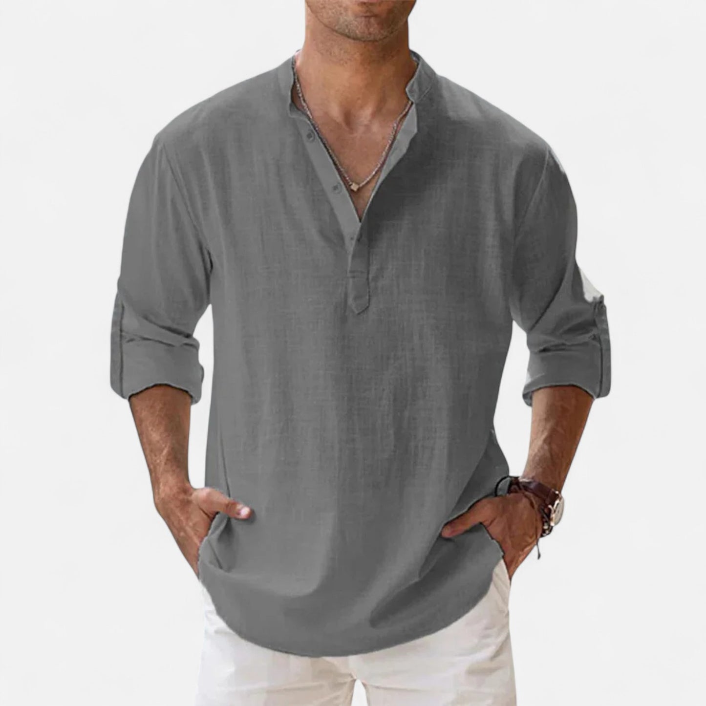 Mistrève | Chemise Été Homme Coton‑Lin à Col Henley – Fraîcheur Naturelle, Style Raffiné
