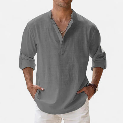 Mistrève | Chemise Été Homme Coton‑Lin à Col Henley – Fraîcheur Naturelle, Style Raffiné