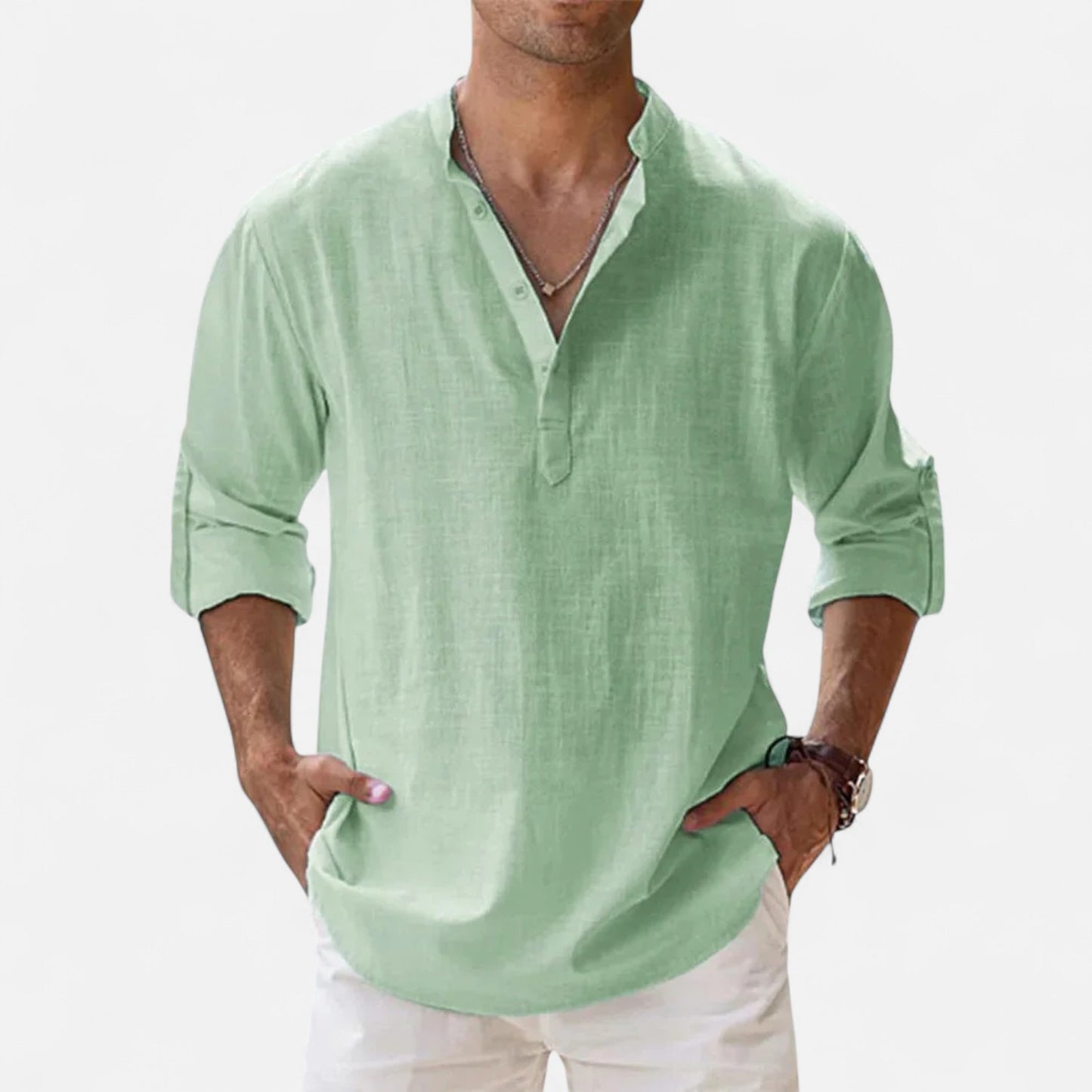 Mistrève | Chemise Été Homme Coton‑Lin à Col Henley – Fraîcheur Naturelle, Style Raffiné