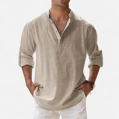 Mistrève | Chemise Été Homme Coton‑Lin à Col Henley – Fraîcheur Naturelle, Style Raffiné
