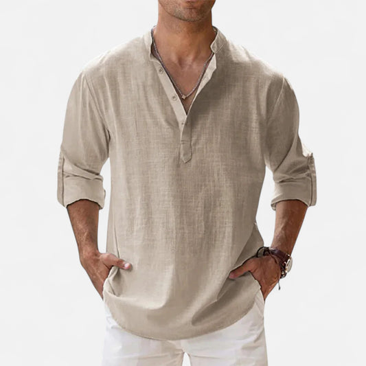 Mistrève | Chemise Été Homme Coton‑Lin à Col Henley – Fraîcheur Naturelle, Style Raffiné
