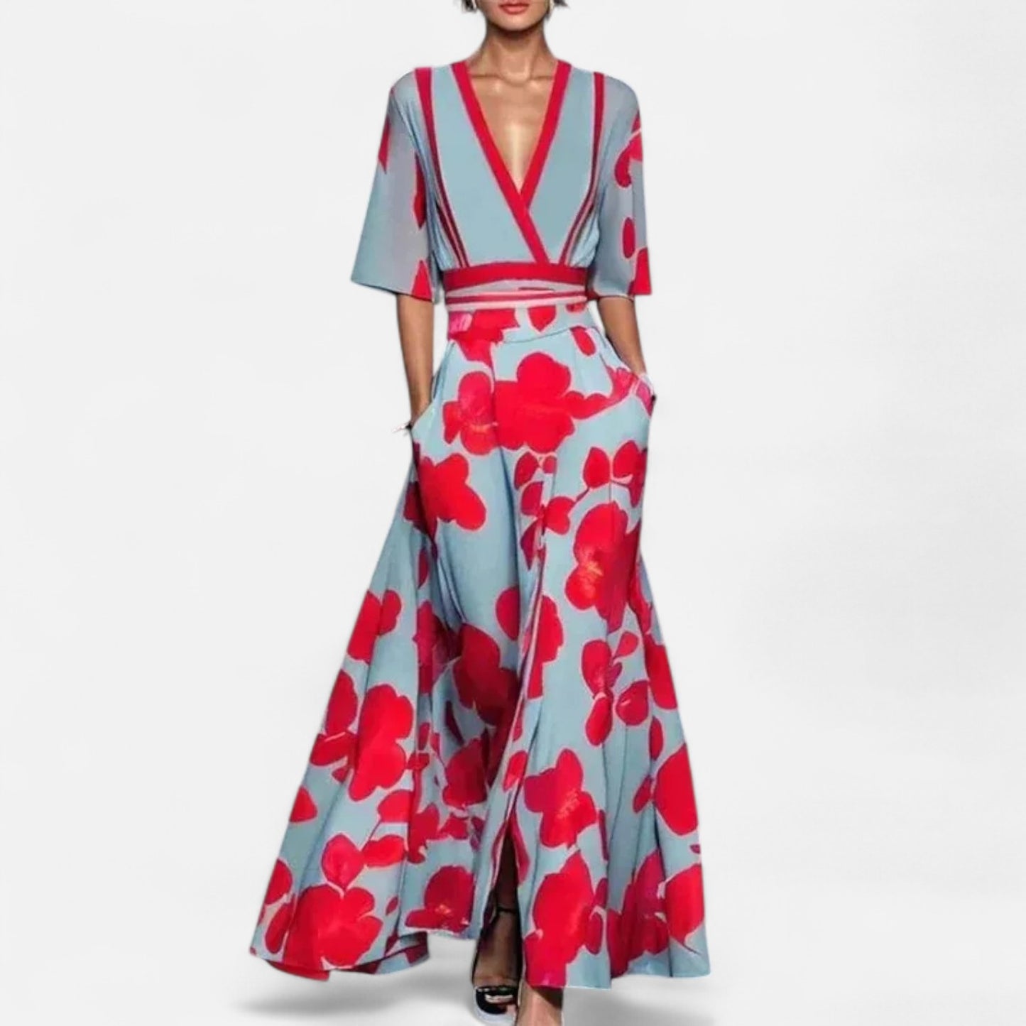 Mistrève | Robe Maxi Bohème Femme – Col V Ceinturé, Manches Courtes & Poches