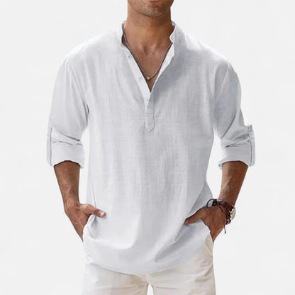 Mistrève | Chemise Été Homme Coton‑Lin à Col Henley – Fraîcheur Naturelle, Style Raffiné