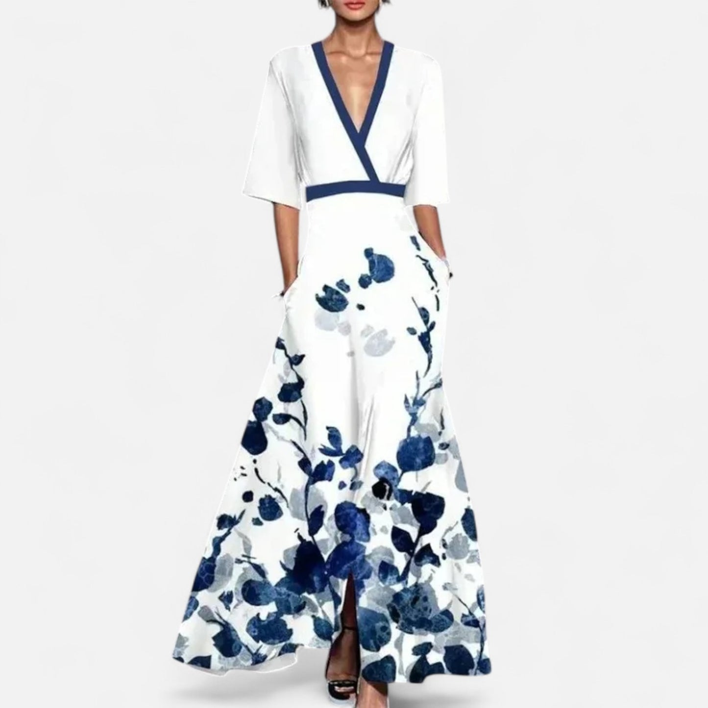Mistrève | Robe Maxi Bohème Femme – Col V Ceinturé, Manches Courtes & Poches